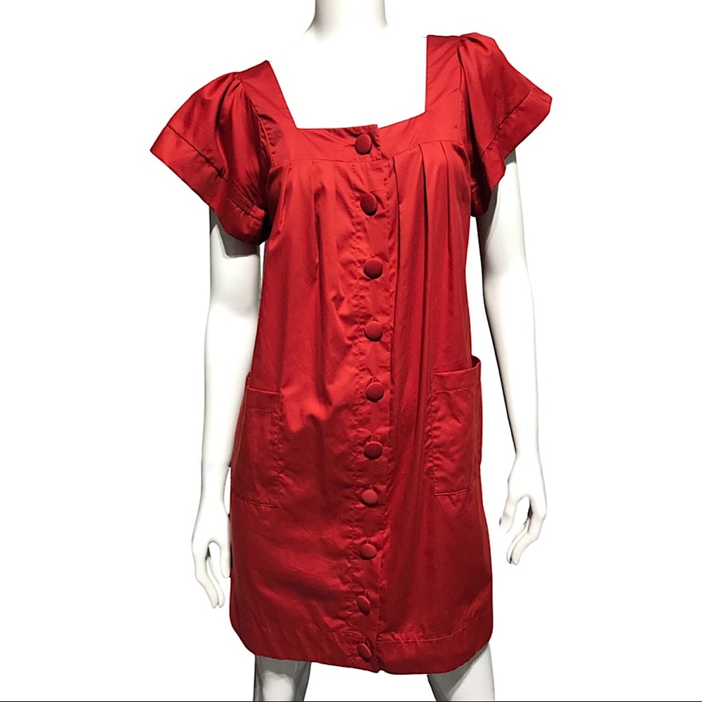 French Connection Square Neck Tunic Babydoll Mini Dress in Saffron Red